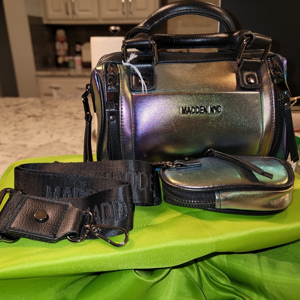 Steve Madden Iridescent and Black Satchel Set/with block heel shoes